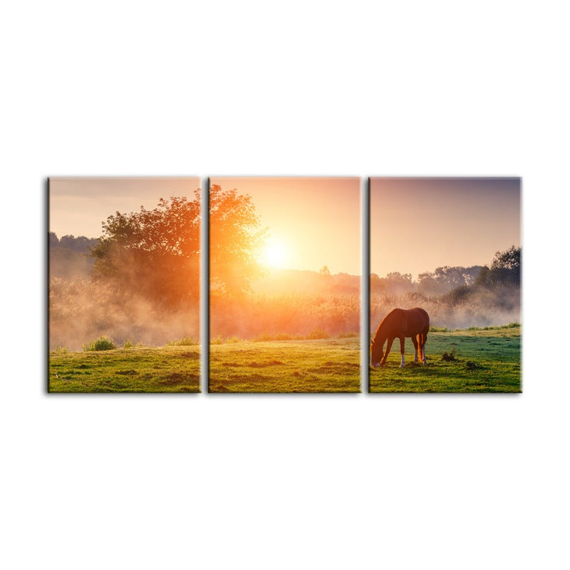 Sunrise Grazing Horse-Canvas Wall Art Painting 3 Pieces | Bowlift
