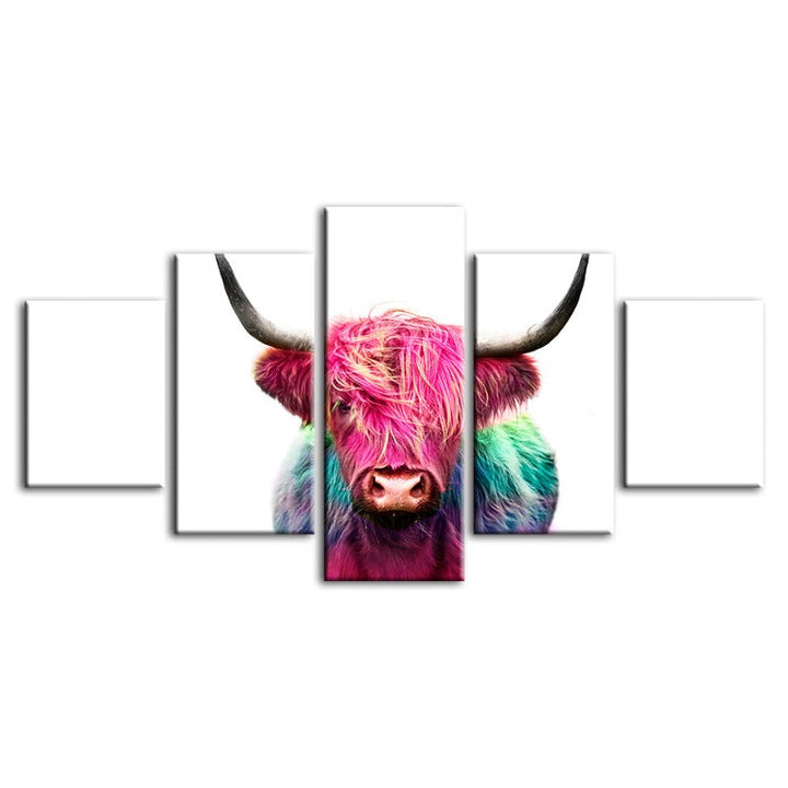 5 Piece Colorful Pink Cow - Canvas Wall Art Painting | Bowlift