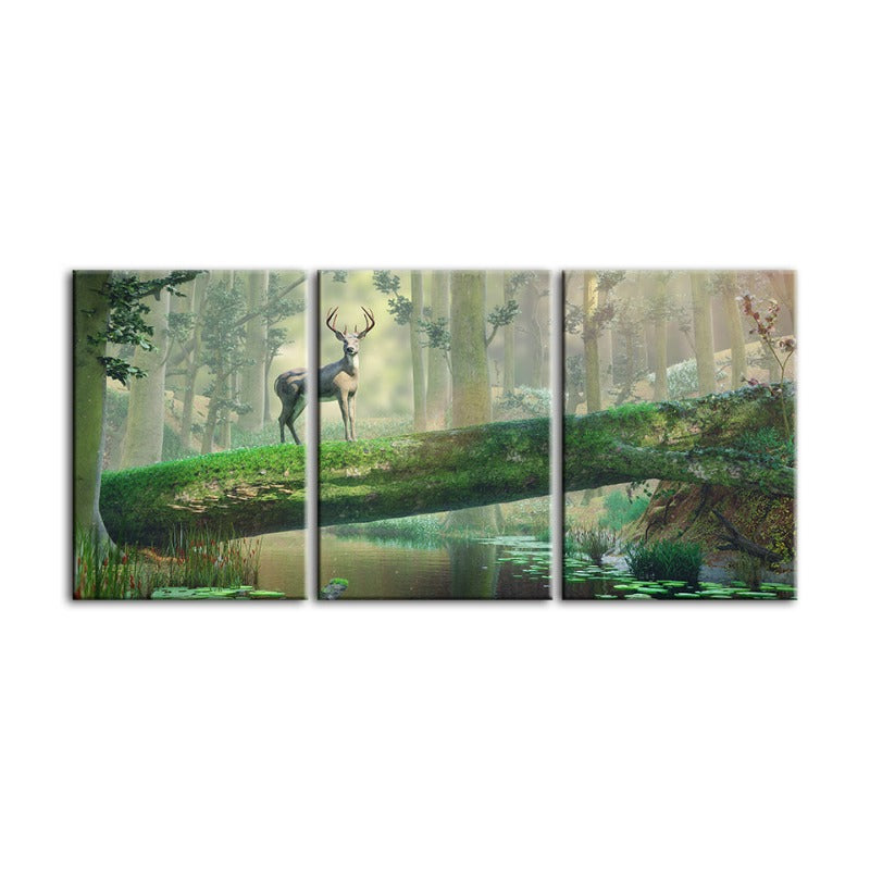 Enchanted Forest Deer-Canvas Wall Art Painting 3 Pieces | Bowlift