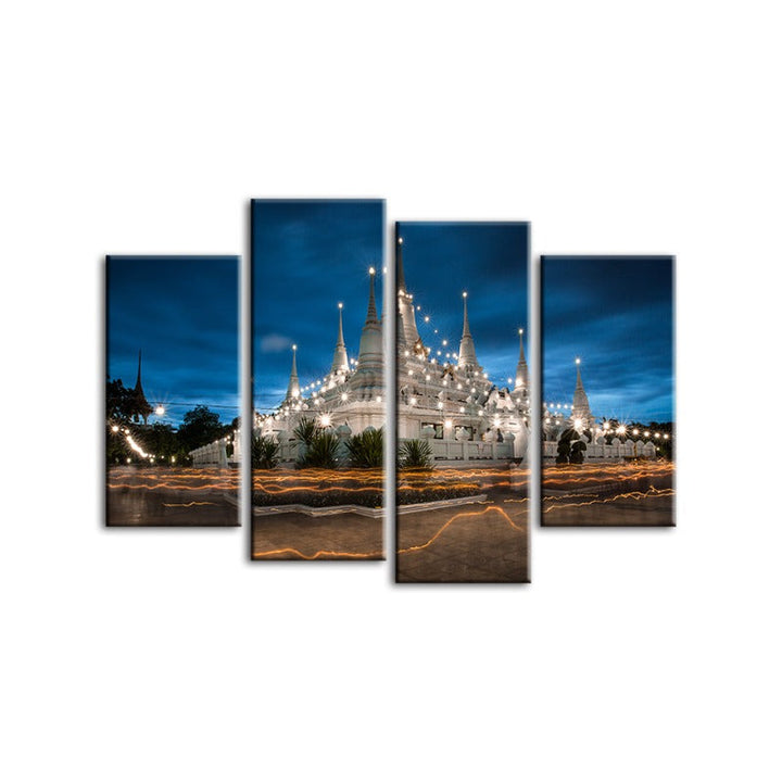 4 Piece Beautiful Temple Night Time - Canvas Wall Art Painting | Bowlift