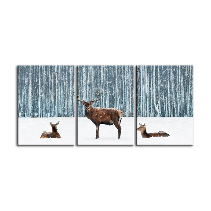 Two Does And A Deer In Winter-Canvas Wall Art Painting 3 Pieces | Bowlift