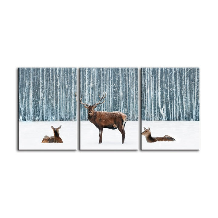 Two Does And A Deer In Winter-Canvas Wall Art Painting 3 Pieces | Bowlift