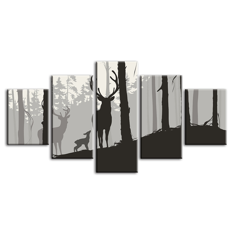 Silhouette Deer Family 5 Piece - Canvas Wall Art Painting | Bowlift