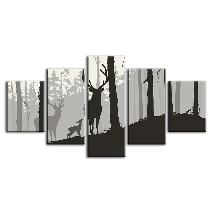 Silhouette Deer Family 5 Piece - Canvas Wall Art Painting | Bowlift