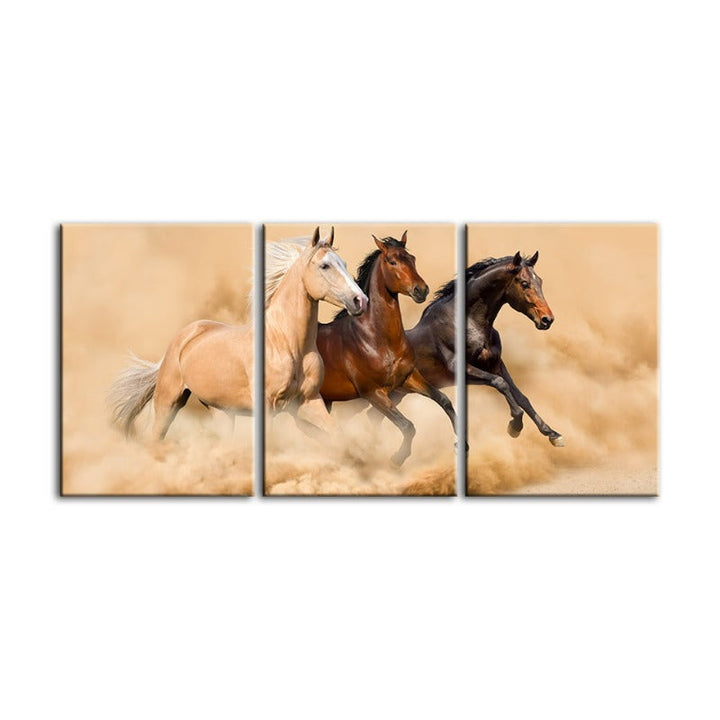 Three Running Horses In Desert-Canvas Wall Art Painting 3 Pieces | Bowlift