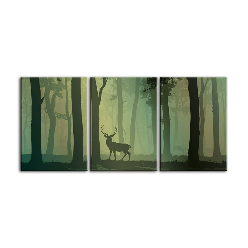 Enchanted Green Toned Silhouetted Deer-Canvas Wall Art Painting 3 Pieces | Bowlift