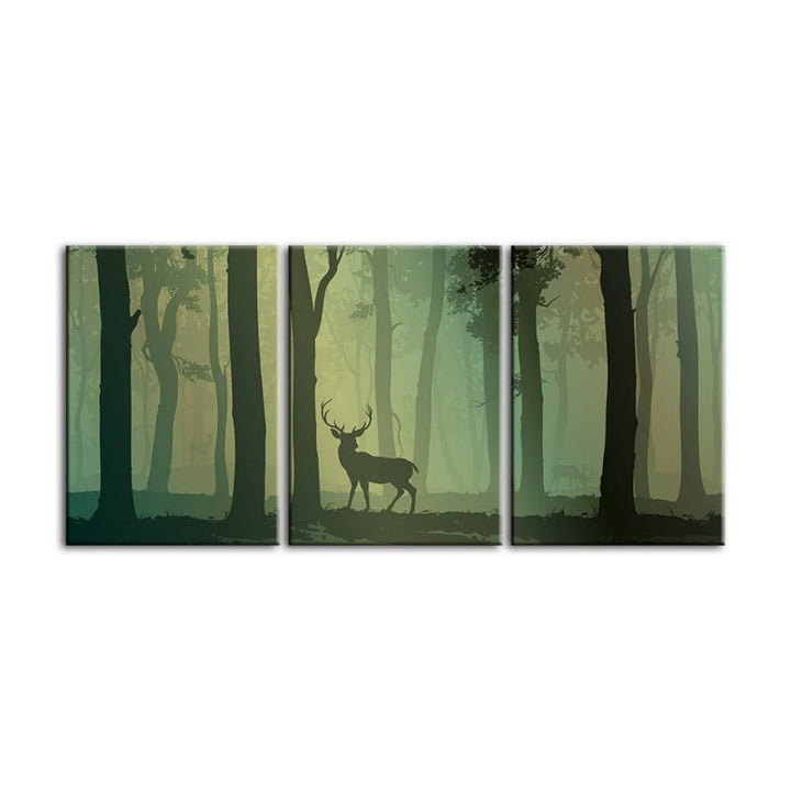 Enchanted Green Toned Silhouetted Deer-Canvas Wall Art Painting 3 Pieces | Bowlift
