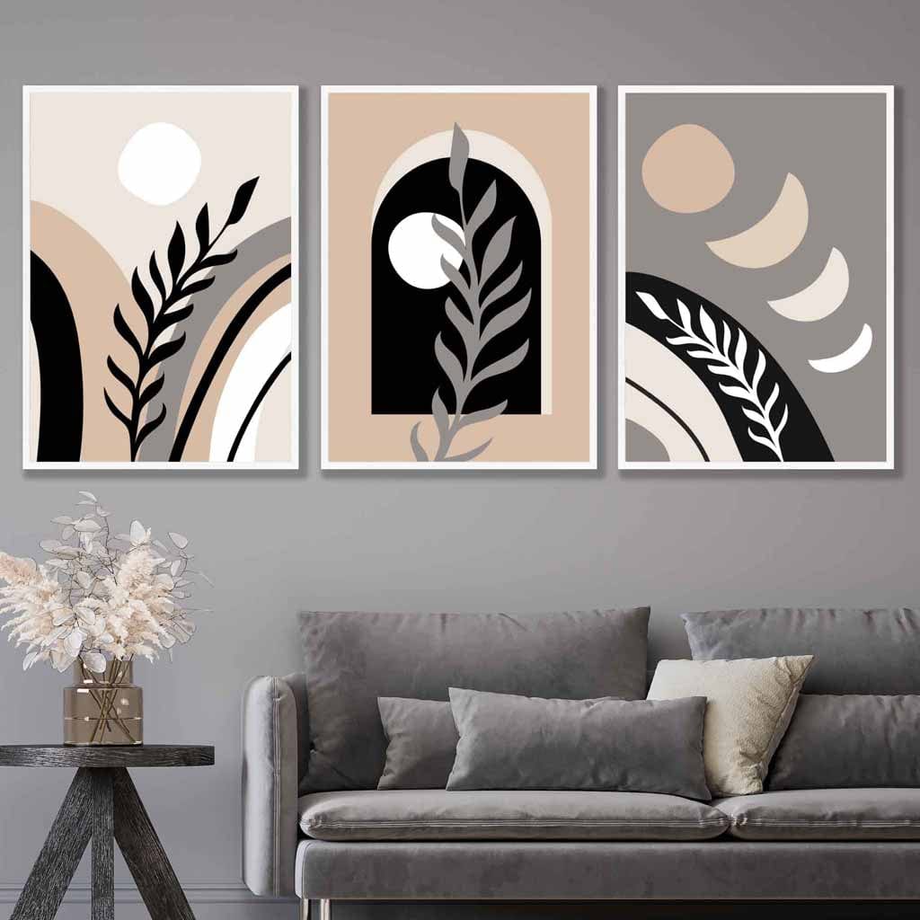 Boho Abstract Set of 3 Wall Art Prints in Black Beige and Gray | Bowlift