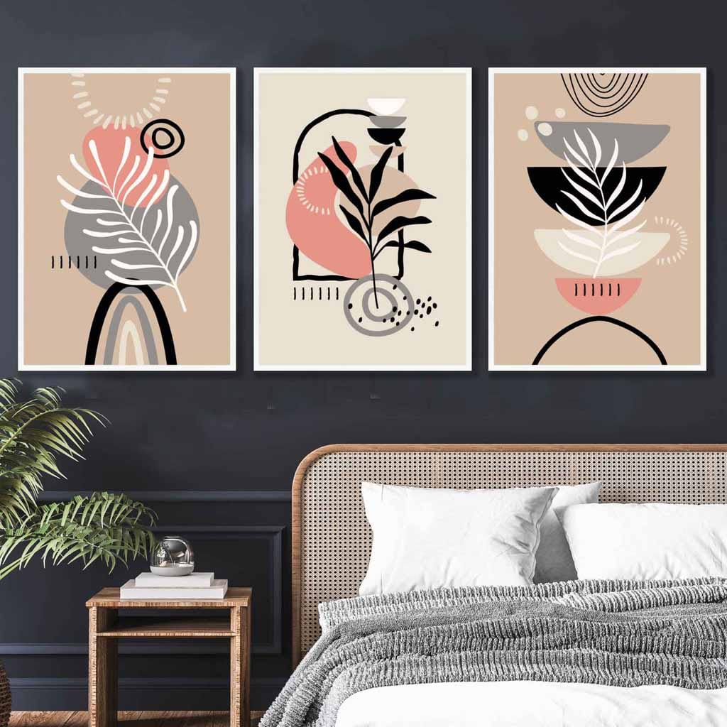 Boho Abstract Set of 3 Wall Art Prints in Pink Black Beige and Gray | Bowlift