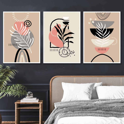 Boho Abstract Set of 3 Wall Art Prints in Pink Black Beige and Gray | Bowlift