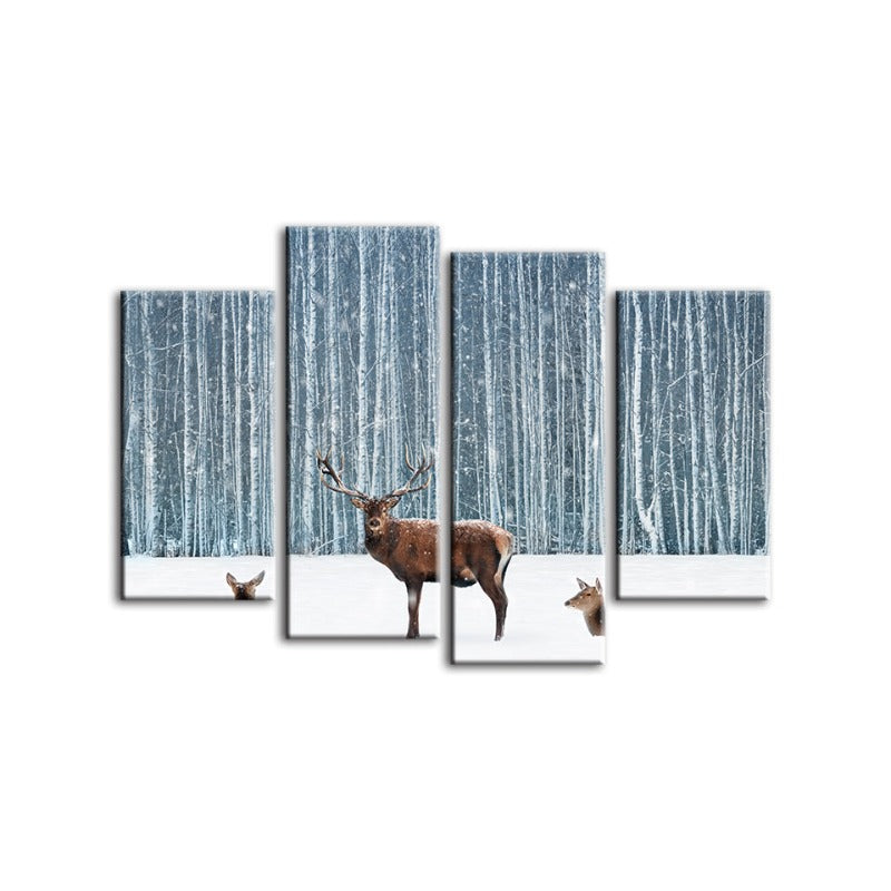 4 Piece Two Does and a Deer in Winter - Canvas Wall Art Painting | Bowlift
