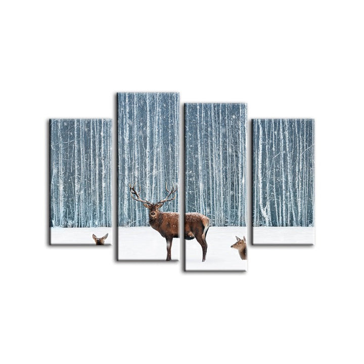 4 Piece Two Does and a Deer in Winter - Canvas Wall Art Painting | Bowlift