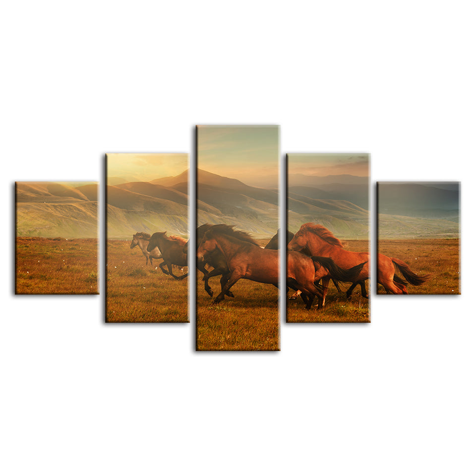 5 Piece Running Horses With Beautiful Landscape - Canvas Wall Art Painting | Bowlift