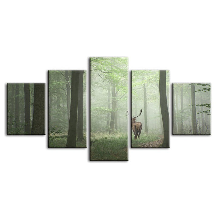 5 Piece Misty Mystical Deer In The Woods - Canvas Wall Art Paintings | Bowlift