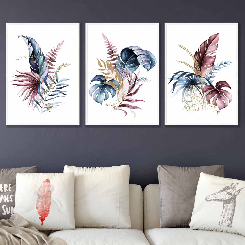 Botanical set of 3 pink and blue floral wall art prints | Bowlift
