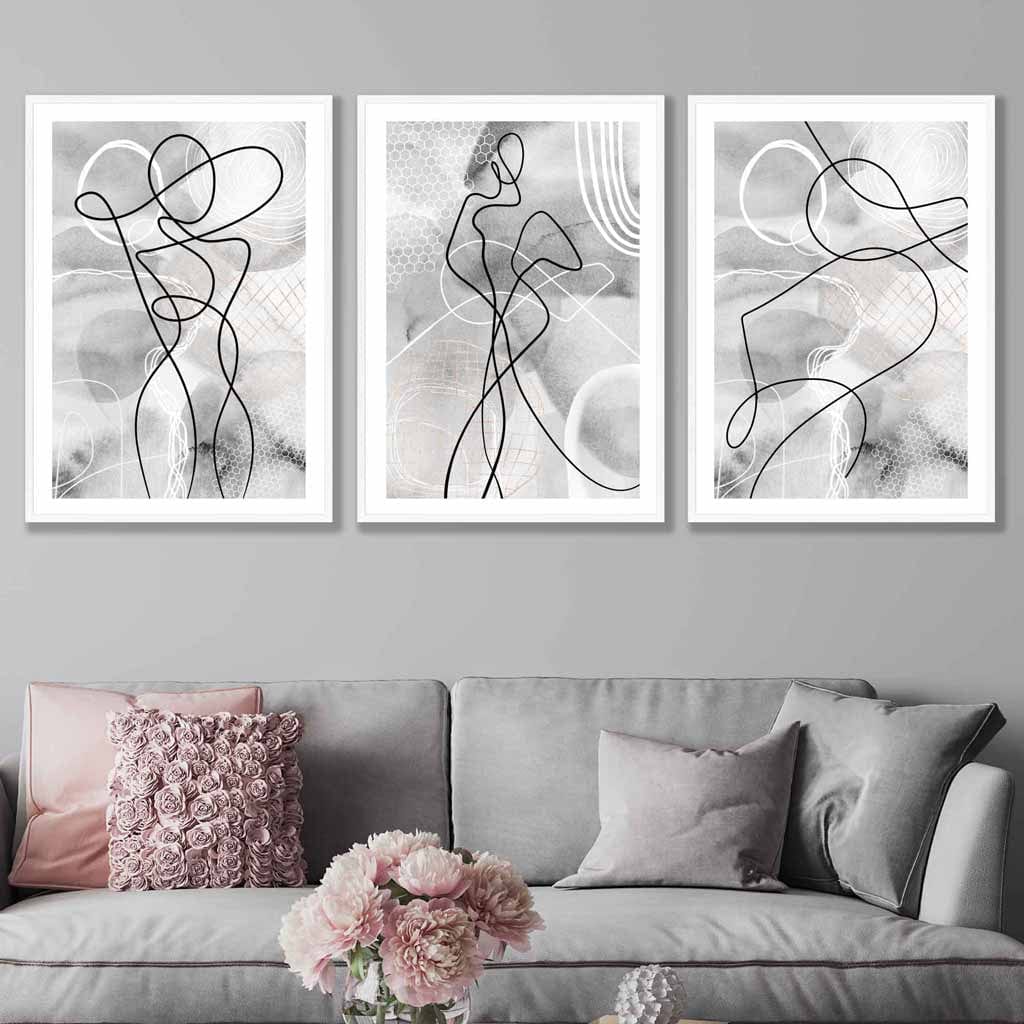 Abstract Set of 3 Fashion Line Art Wall Prints in Black & Gray | Bowlift
