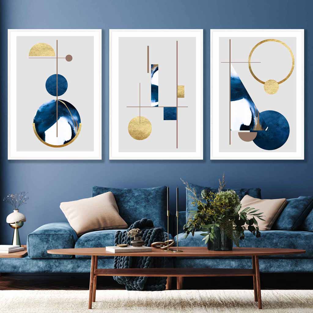 Abstract set of 3 textured geometric art wall art prints in navy blue and gold | Bowlift