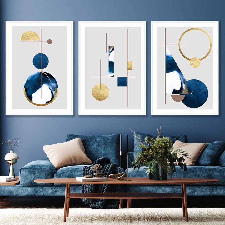 Abstract set of 3 textured geometric art wall art prints in navy blue and gold | Bowlift