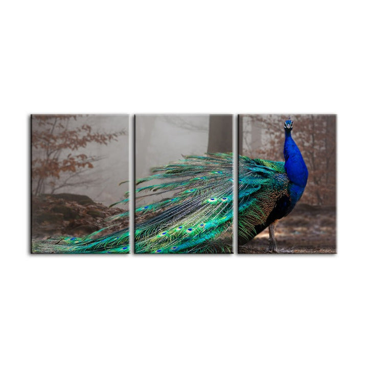 Vivid Peacock By The Pond-Canvas Wall Art Painting 3 Pieces | Bowlift
