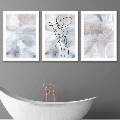 Abstract set of 3 fashion lines art wall art prints in blue & beige | Bowlift