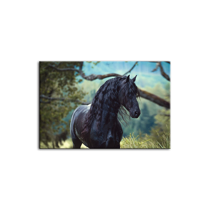 Black Horse In Forest - Canvas Wall Art Painting | Bowlift