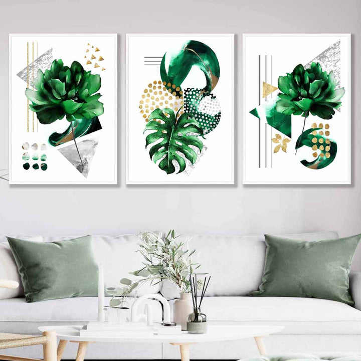 Abstract Green Gold Flower Set of 3 Art Prints | Bowlift