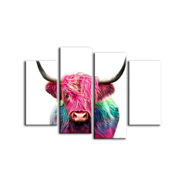 4 Piece Colorful Pink Cow - Canvas Wall Art Painting | Bowlift