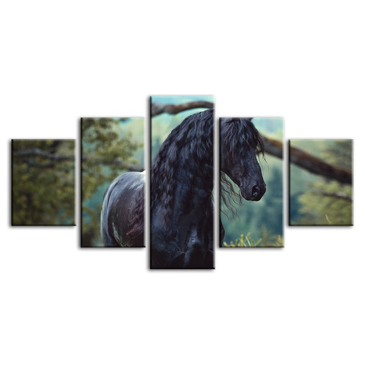 5 Piece Black Horse in Forest - Canvas Wall Art Painting | Bowlift