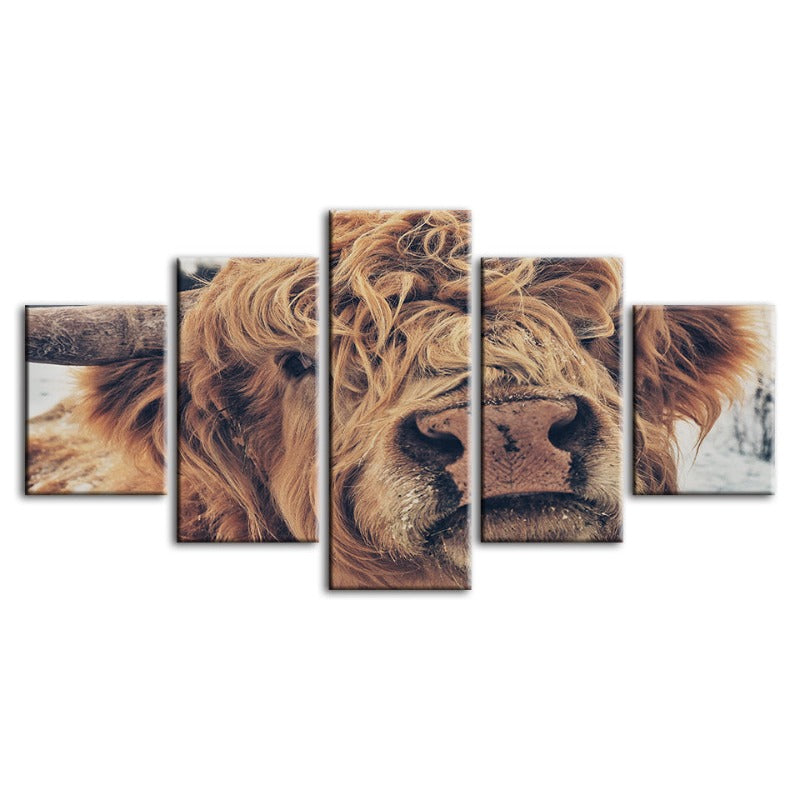 5 Piece Close Up Brown Cow - Canvas Wall Art Painting | Bowlift
